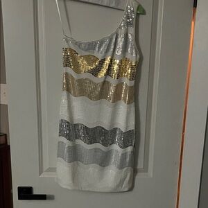 Frederick's of Hollywood One Shoulder Sequin Dress - Gold, Silver, White